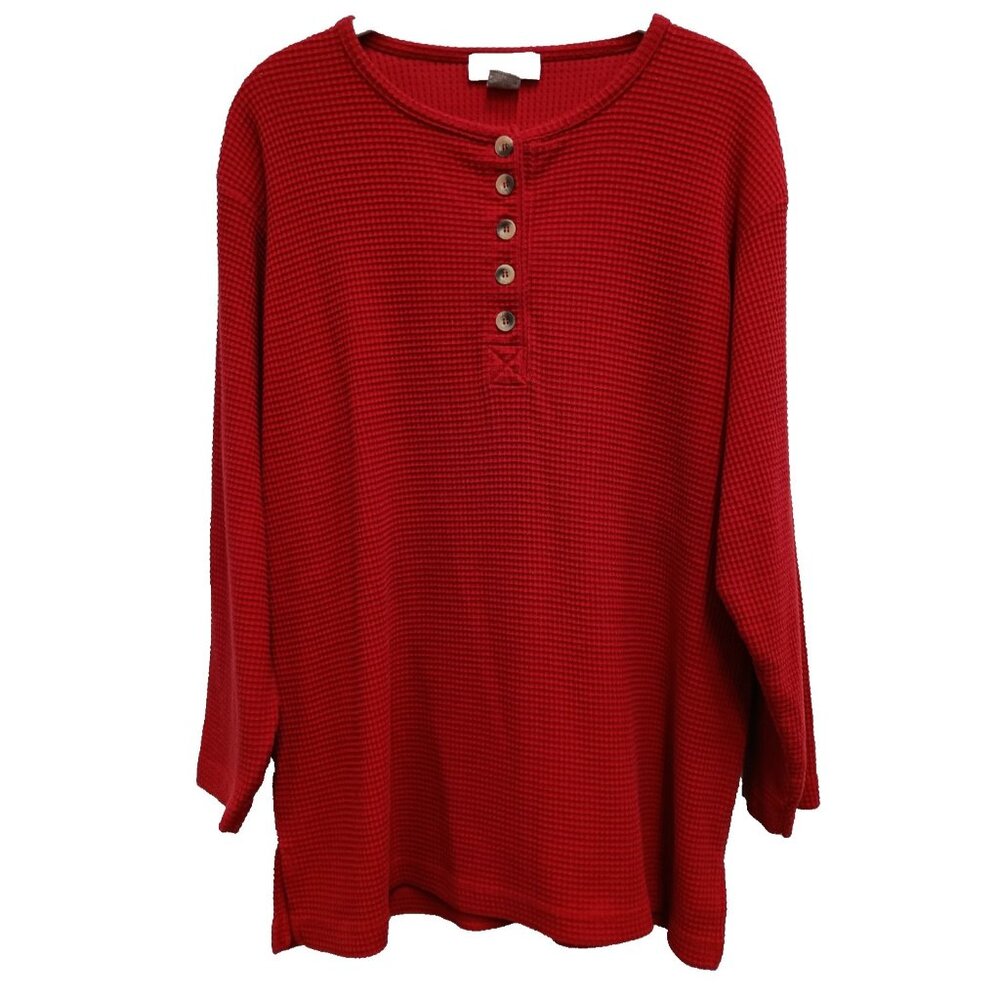 Vintage Express Tricot Womens Henley Top Small Red‎ Thermal 3/4 Sleeve Grunge
